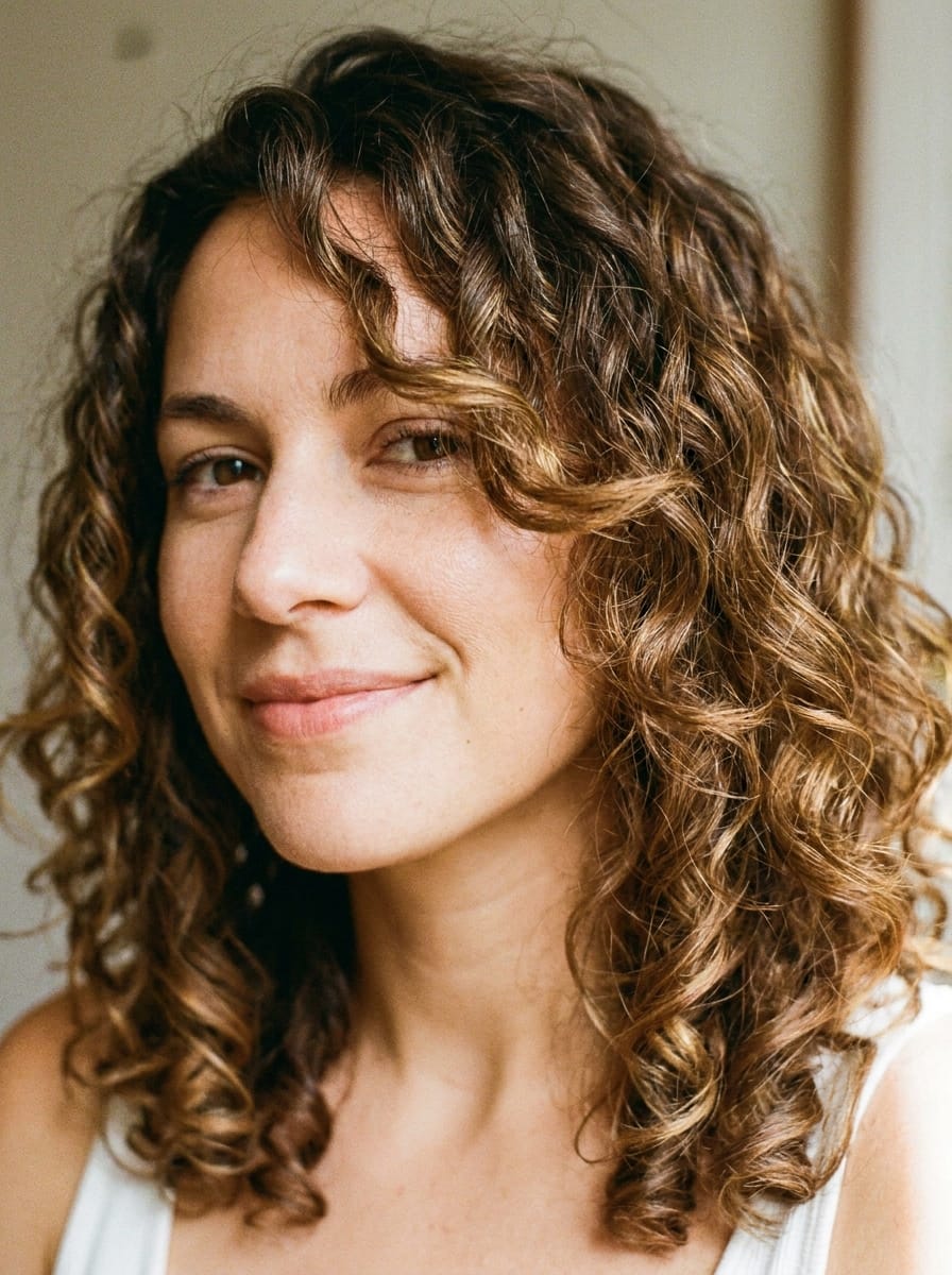 Mittellange Locken mit Face-Framing-Stufen - Locken Frisur mittellang